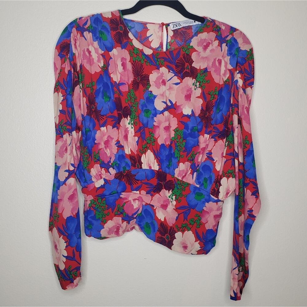 Zara| Draped Top Blouse Pink Red Blue Floral in size Medium